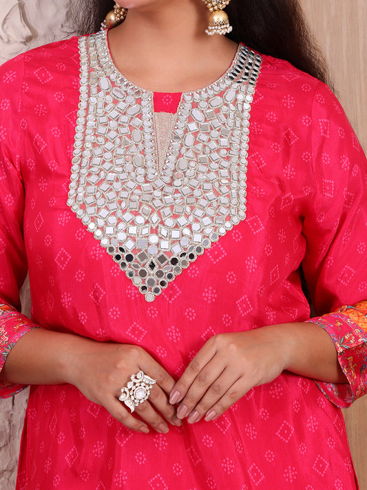 Embroidered Pure Muslin Bandhani Kurti With Sharara Indo Western  Co-ord Set