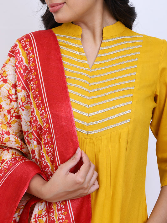 Mustard Yellow Gathered Kurta Pants Set With Dupatta