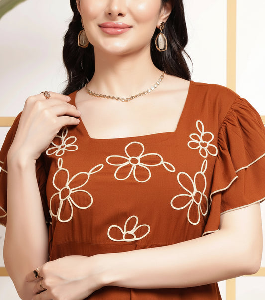 Tan Squared Neck Tiered Embroidered Women's Dress