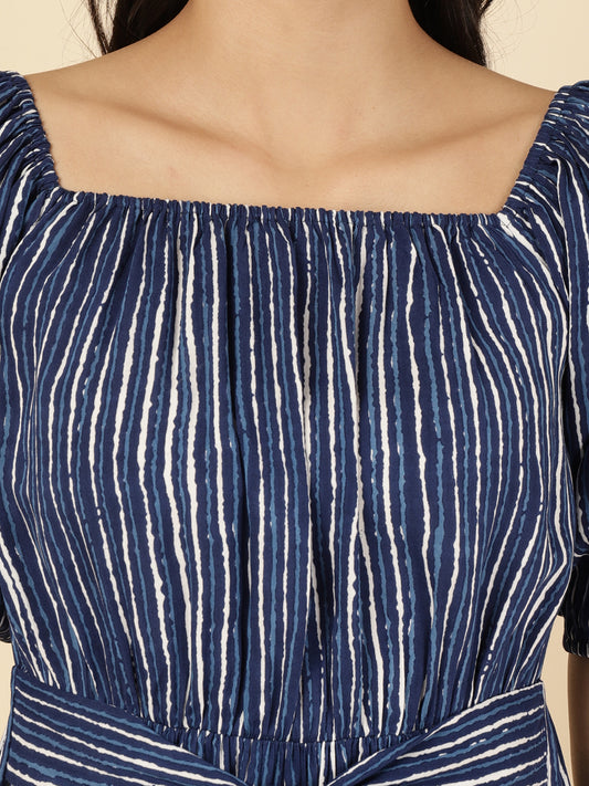Blue Striped Women Tiered Dress