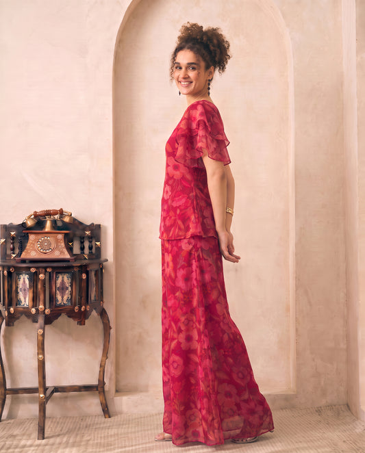 Magenta Floral Print Chiffon One Shoulder Top With Palazzo Indo Western Women 3 Piece Set