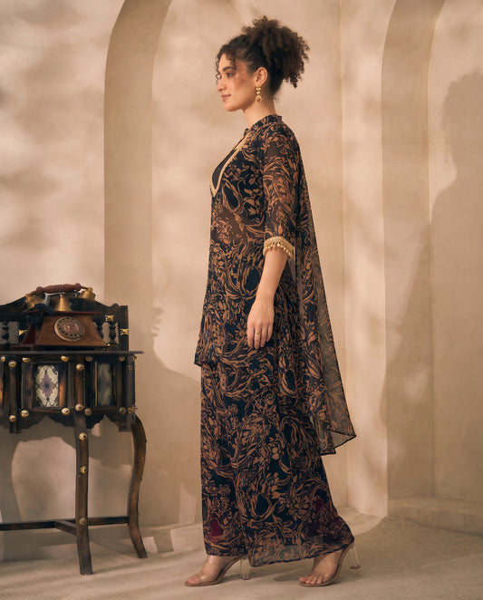 Black Chiffon Abstract Print Kurta & Palazzo With Bustier Indo Western Women 3 Piece Set