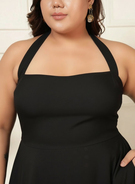 Black Solid Halter Neck Tiered Women Plus Size Maxi Dress