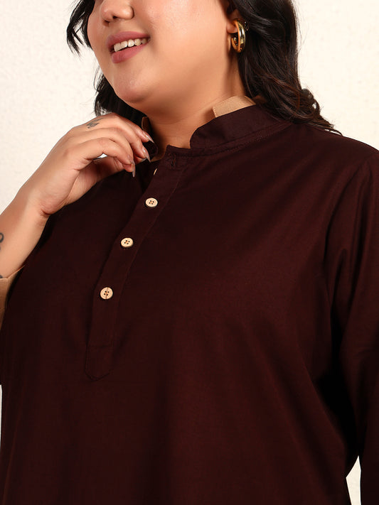 Brown Cotton Flex Solid Kurta With Slit Pant Women Plus Size Co-Ord Set