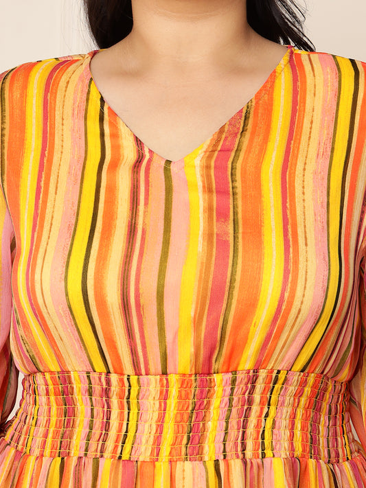 Women's Plus Size Multi-Colour Striped Printed Tiered Maxi Dress