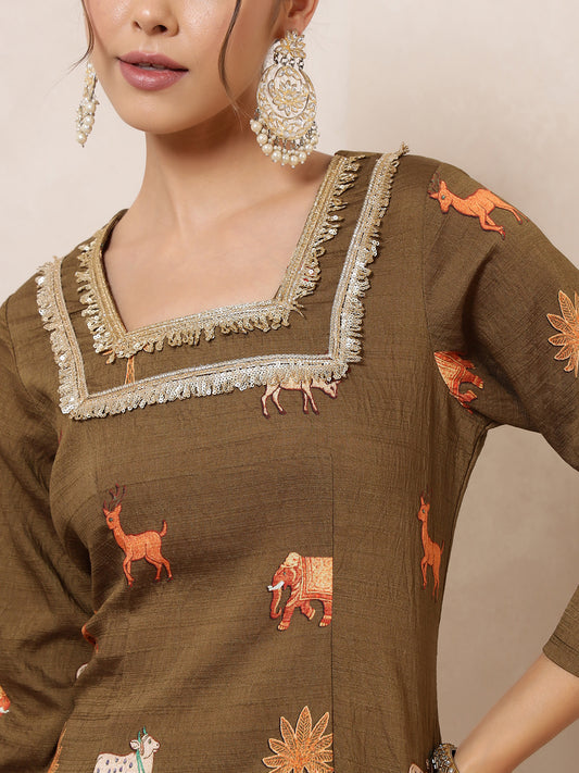 Olive Green Animal Printed Kurti With Palazzo Indo Western Women Co-Ord Set