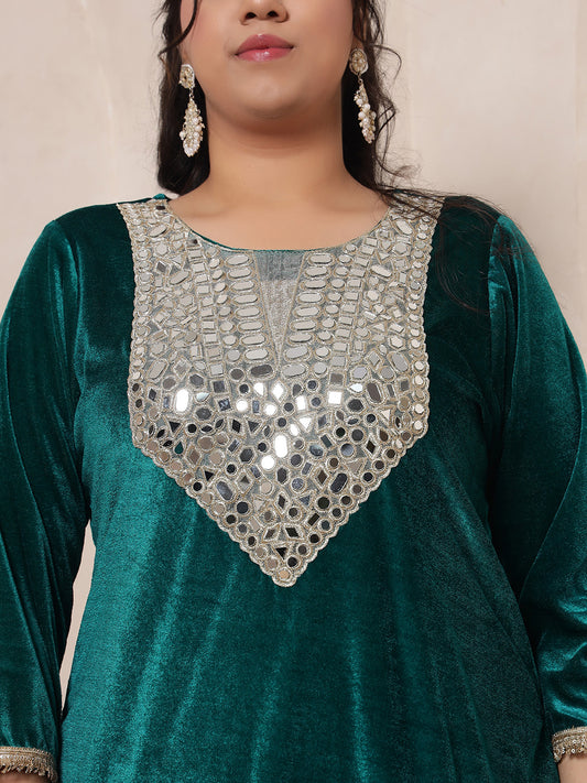 Velvet Rama Green Kurti Embroidered Neck Patch Sharara With Dupatta Women Indo Western Women Co-Ord Set
