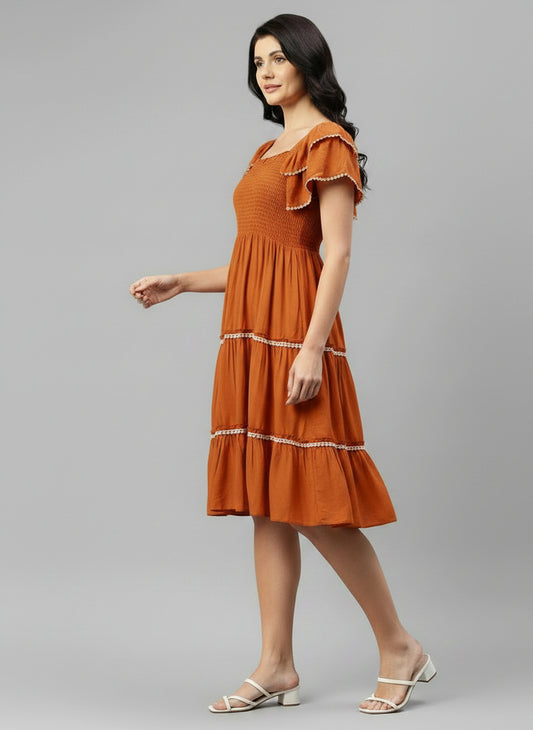 Tan Brown Tiered Rayon Women's Dress