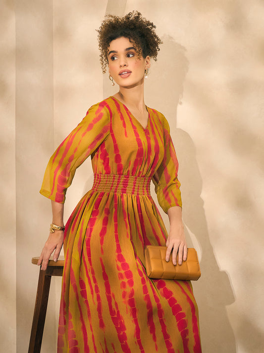 Olive Green Tie-Dye Printed Women Maxi Dress