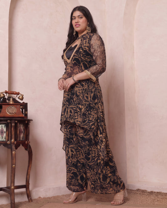 Black Chiffon Abstract Print Kurta & Palazzo With Bustier Indo Western Women's Plus Size 3 Piece Set