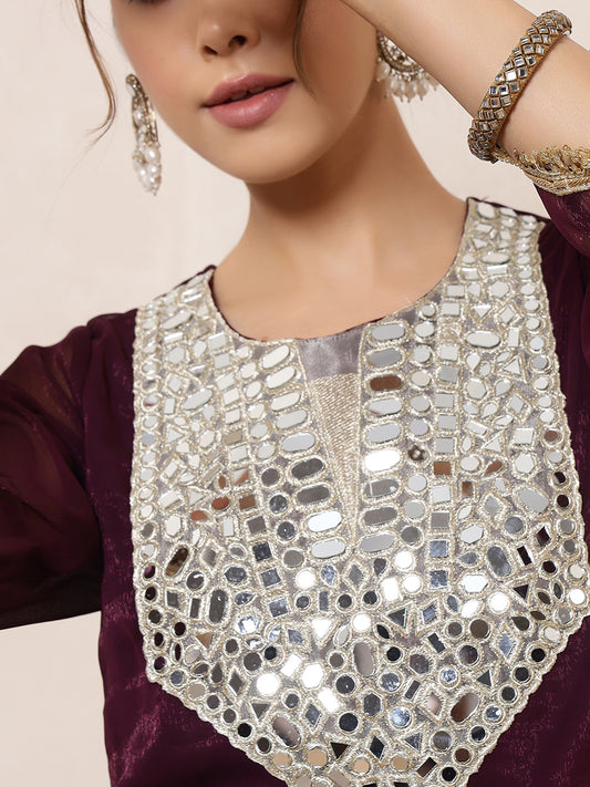 Wine Shimmer Embroidered Neck Patch Kurta With Palazzo Indo Western Women Co-Ord Set