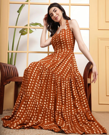 Tan Brown Polka Halter Neck Tiered Women's Plus Size Maxi Dress