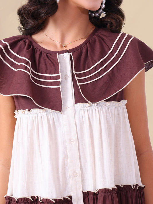 Color Blocked Pure Cotton Calf Length Women Tiered Dress