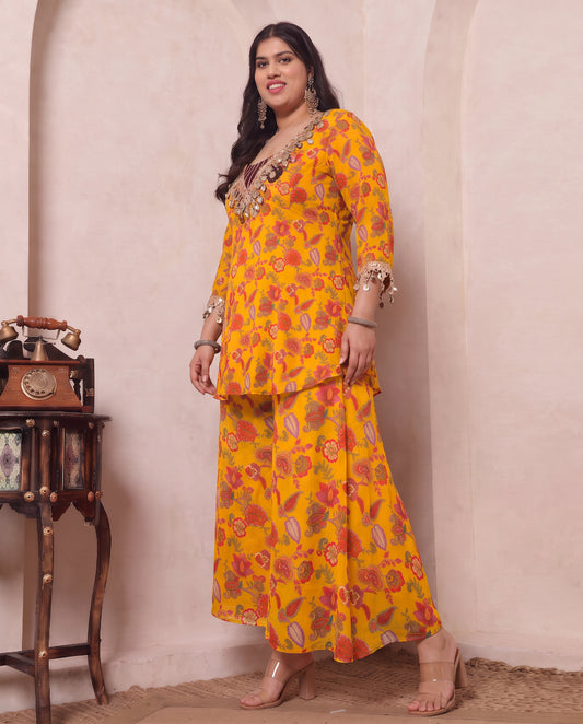 Floral Print Multicolor CHiffon Deep Neck Kurta & Inner Crop Top With Sharara Women's Plus Size 3 Piece Set