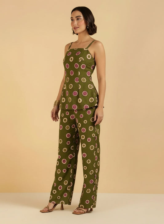 Olive Green Polka Dots Printed Coord Sets For Women