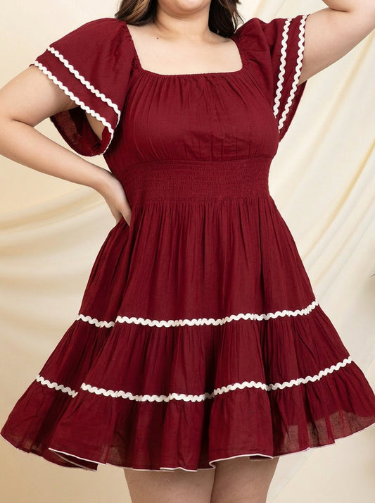 Maroon Solid Rayon Tiered Women's Plus Size Shirt Dress