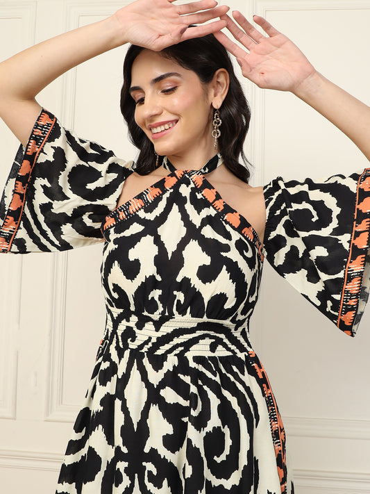 Black Abstract Printed Halter Neck With Bell Sleeve A-Line Slit Women Dress