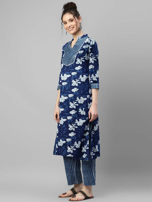 Indigo Floral Print Straight Kurta Pants