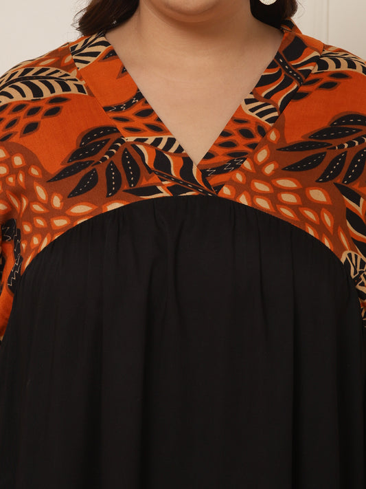 Women's Plus Size Tropical Printed With Black Tiered Dress