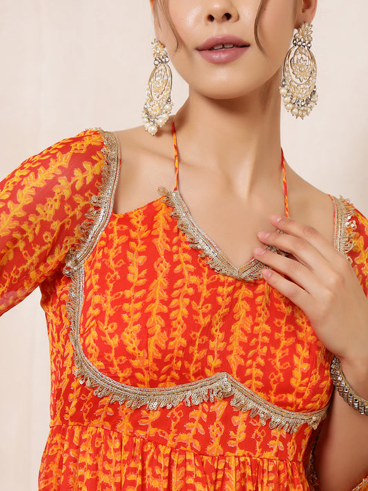 Orange Leaf Printed Halter Neck Kurta With Dupatta With Indo Western Women Set