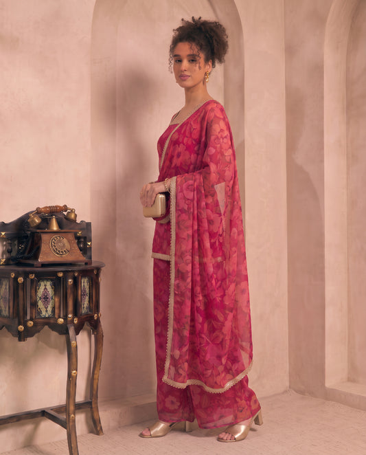 Magenta Floral Print Chiffon Kurta & Palazzo With Dupatta Indo Western Women 3 Piece Set