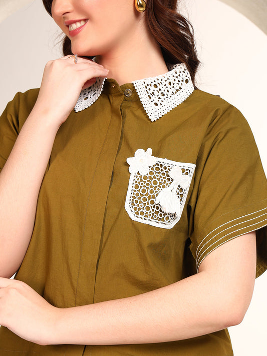 Olive Green Embroidered Cotton Women Co-Ord Set