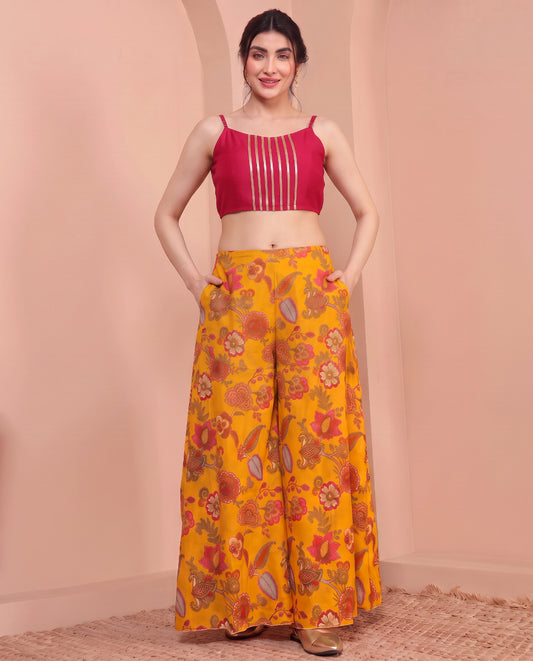 Floral Print Multicolor CHiffon Deep Neck Kurta & Inner Crop Top With Sharara Women's 3 Piece Set
