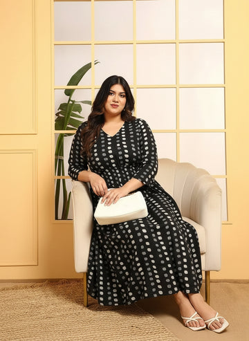 Black Polka Dots Rayon A-Line Women's Plus Size Dress