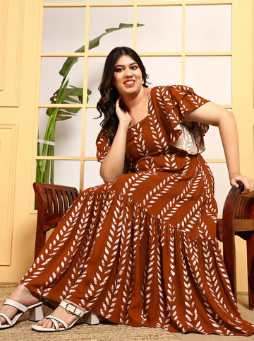 Tan Brown Squared Neck Leaf Print Tiered Women's Dress