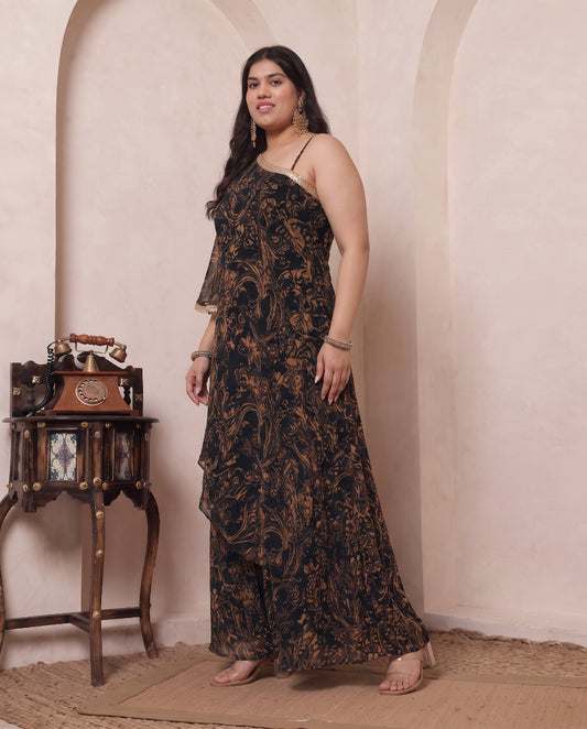 Black Chiffon Paisley Print One Shoulder Tunic With Palazzo Plus Size Indo Western Women Co-ord Set
