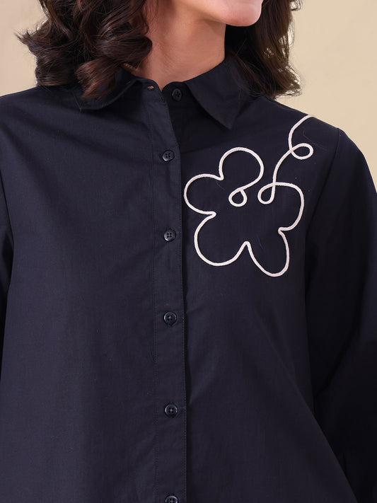 Black High Low Pure Cotton Embroidered Women Shirt