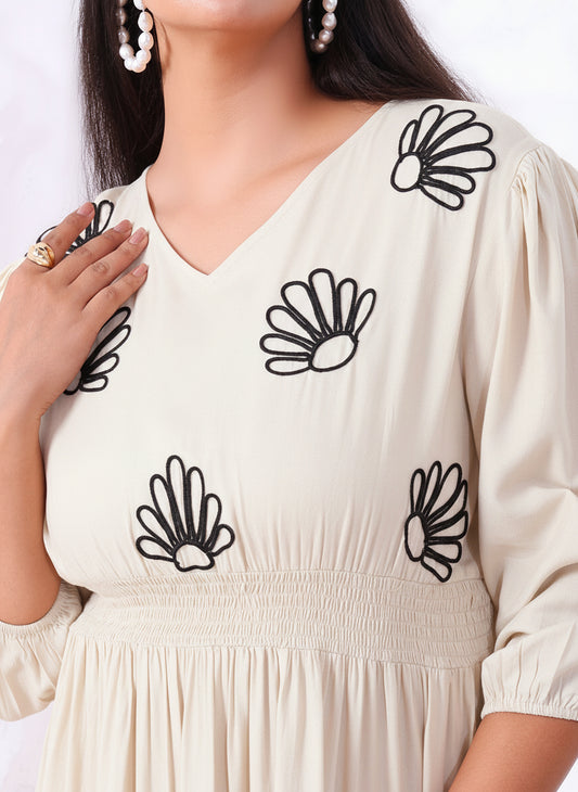 Off White Pure Cotton Embroidered Tiered Maxi Dress