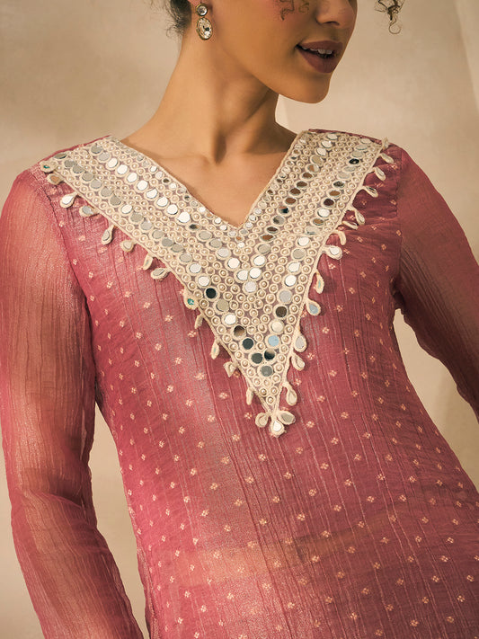 Pink Shimmer Crushed Butti Work Kurta With Palazzo With Dupatta Indo Western Women 3 Piece Set