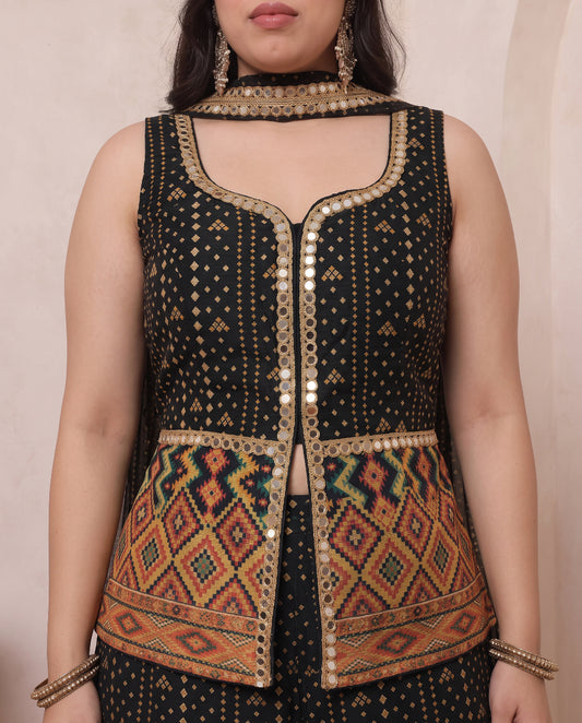 Black Bandhani Corset Top & Palazzo With Dupatta Women's Plus Size 3 Piece Set