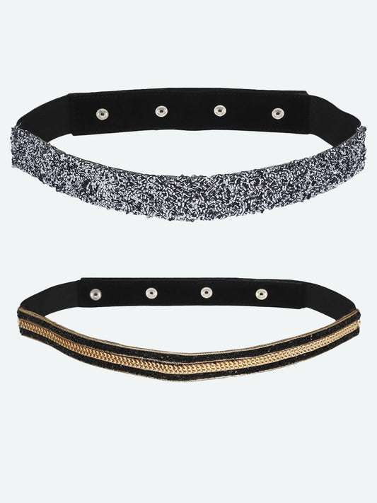 Women's Set Of 2 Black & Golden Embellished PU Belt