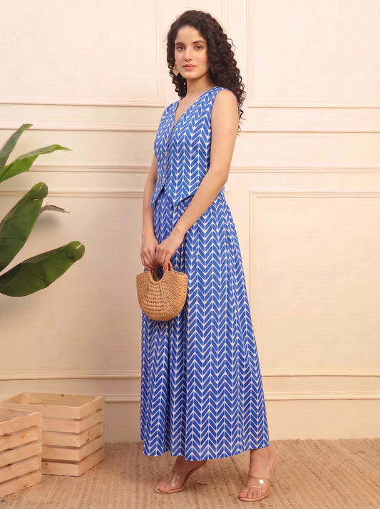 Blue Zig Zag Printed Poly Blend Waistcoat With Skirt Women's Co-Ord Set