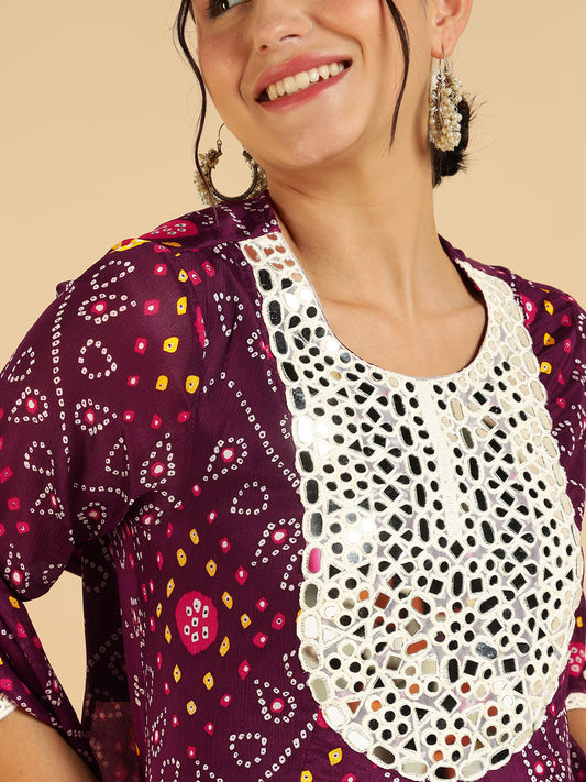 Wine Bandhani Printed Peplum Top & Sharara With Dupatta Fusion Women Co-Ord Set