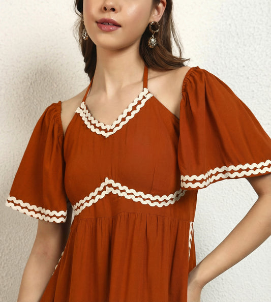 Tan Viscose Rayon Solid A Line Slit Womens Dress