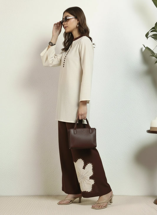 Off White Cotton Kurta With Floral Patch Work Pants Women Co-Ord Set