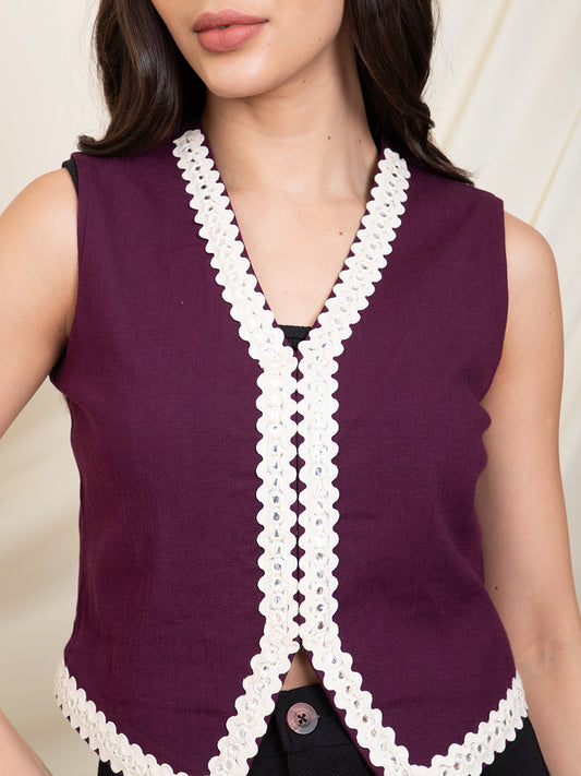 Wine Lace Detailed Women Waistcoat