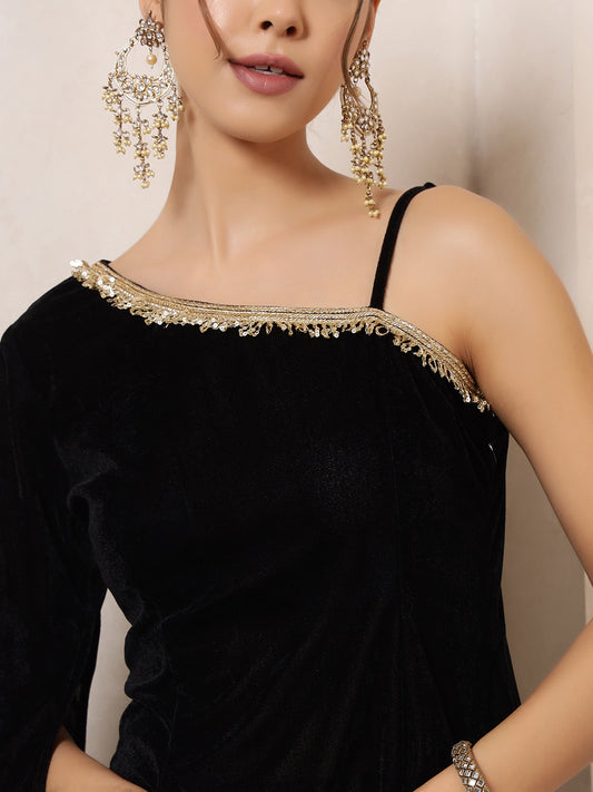Black Velvet One Shoulder Tunic With Palazzo Indo Western Women Co-Ord Set