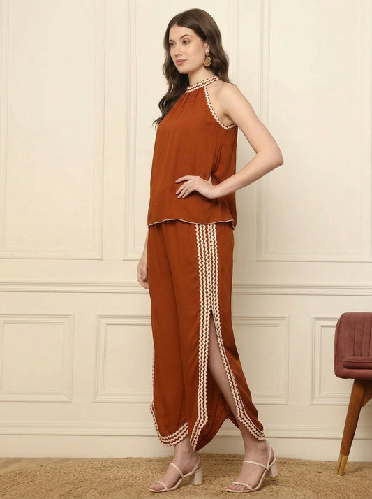 Tan Brown Halter Neck Top With Pants Women Co-Ord Set