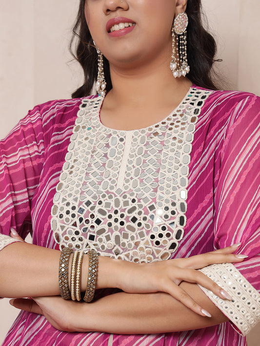 Magenta Pink Laheriya Anarkali Tunic With Embroidered Neck Patch With Palazzo Pant Women Indo Western Women Co-Ord Set