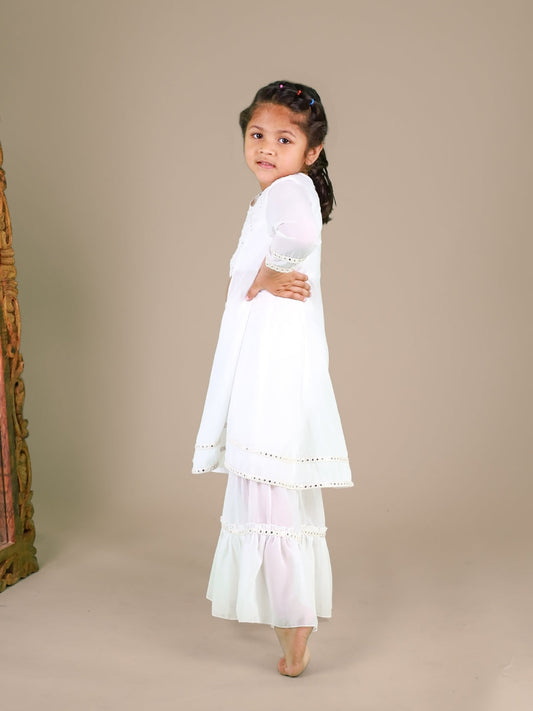 White Embroidered Co-Ord Set For Girls