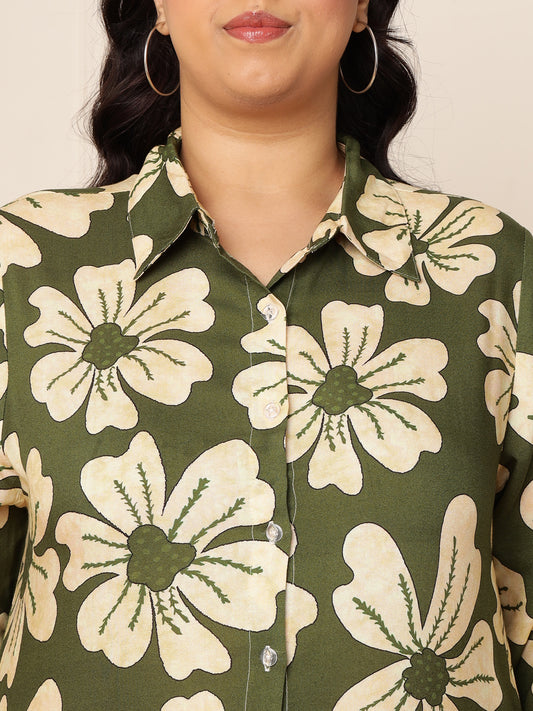 Women's Plus Size Olive Green Floral Printed Shirt Dress