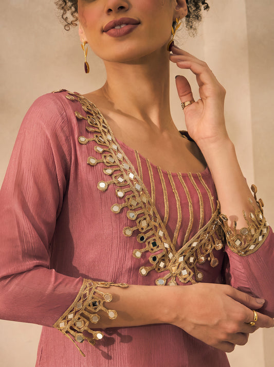 Pink Shimmer Solid Kurta With Palazzo & Bustier Indo Western Women 3 Piece Set