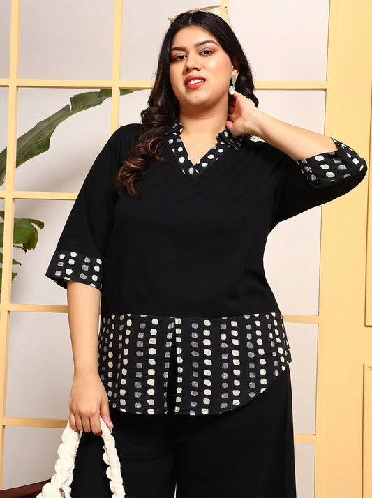 Cotton Black Shirt Style T-Shirt Women's Plus Size Co-Ord Set