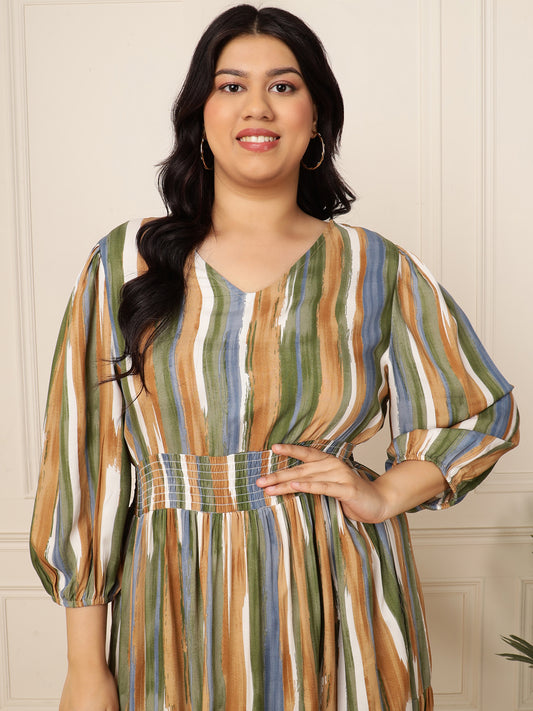 Women's Plus Size Multi-Colour Striped Tiered Maxi Dress