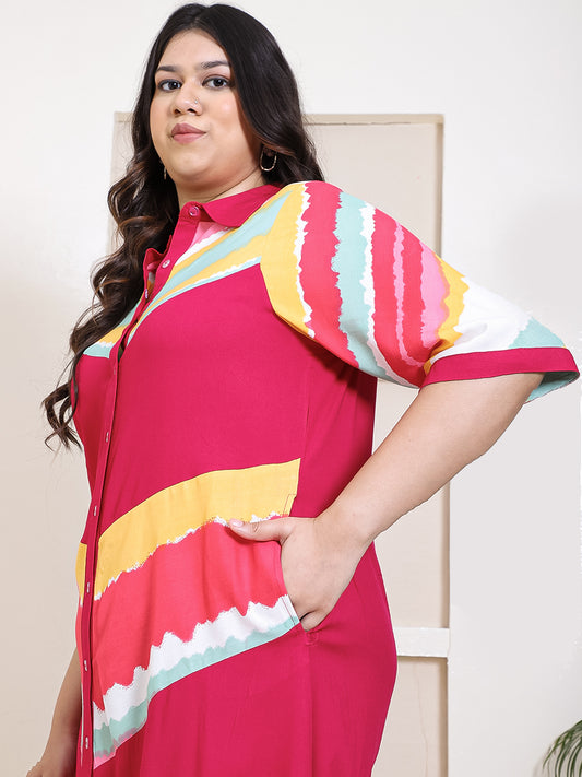 Women's Plus Size Magenta With Multi Striped Shirt Dress