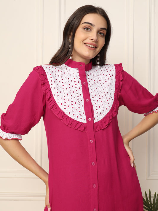 Magenta With Schiffli Embroidered Tiered Women Shirt Dress